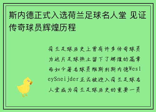 斯内德正式入选荷兰足球名人堂 见证传奇球员辉煌历程 斯内德正式入选荷兰足球名人堂 见证传奇球员辉煌历程